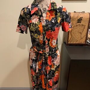 Tahari orange and black floral midi dress with belt